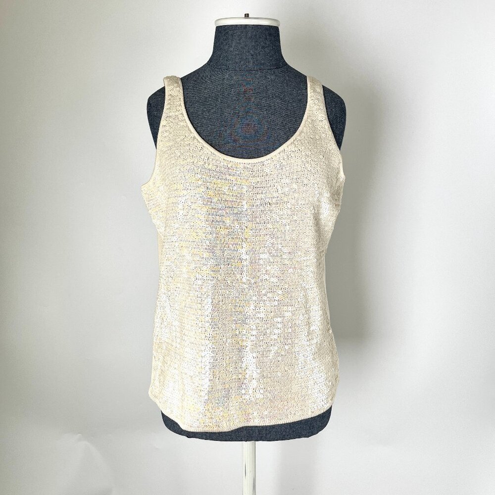 NWT St John Silk Embroidered Sequin Beaded Vanilla Ivory Sleeveless Top M